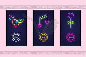 Love mobile app set with neon glow icons. Virtual - stock vector clipart