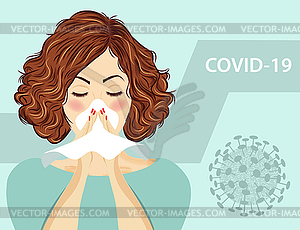 Женщина с гриппом Коронавирусная болезнь, Covid-19 - изображение в векторе