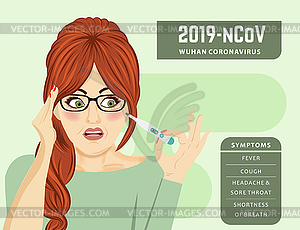Женщина с лихорадкой Коронавирусная болезнь, Covid-19 - изображение в векторном виде
