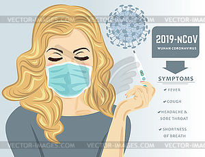 Young woman with medical mask and fever. Coronaviru - vector image