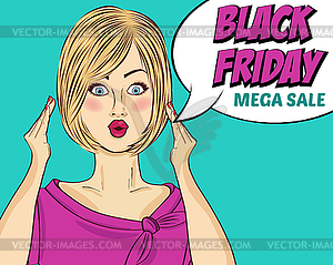Black friday banner with pin-up girl. Retro style - vector clipart / vector image