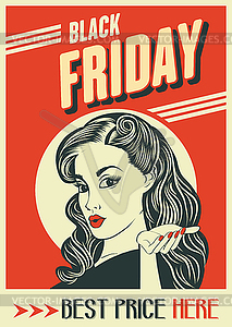 Black friday banner with pin-up girl. Retro style - color vector clipart
