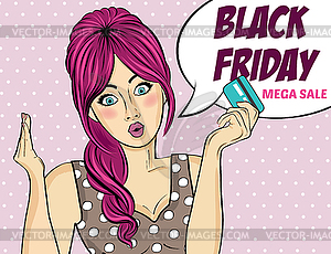 Black friday banner with pin-up girl. Retro style - vector clipart