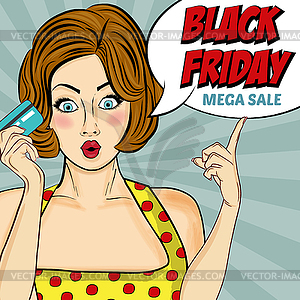 Black friday banner with pin-up girl. Retro style - royalty-free vector clipart