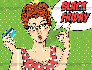 Black friday banner with pin-up girl. Retro style - vector image