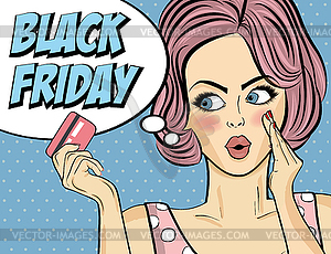 Black friday banner with pin-up girl. Retro style - color vector clipart