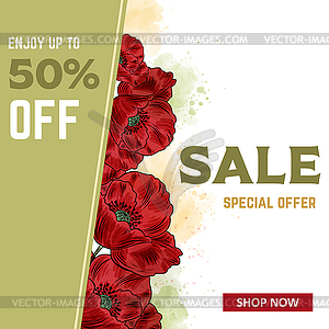 Sale banner template with poppies - vector image