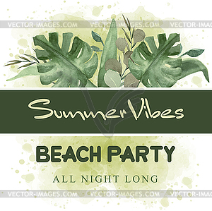 Watercolor summer banner with tropical leaves - vector clipart