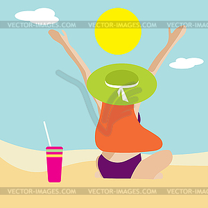 Minimalist portrait of woman at beach. Summer banner - vector image