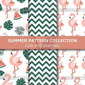 Коллекция летних узоров. Фламинго и арбуз - векторное изображение EPS