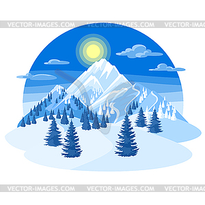 Winter Landscape With Snowy Mountains And Fir Forest Vector Clipart