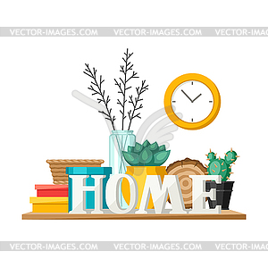 væbner kant T Shelf with home decor. Vase, picture and plant - color vector clipart