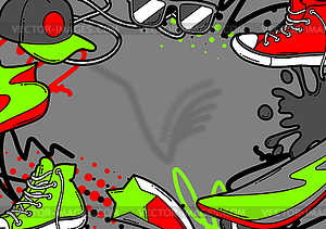 Background with cartoon sneakers, skateboard and - vector image