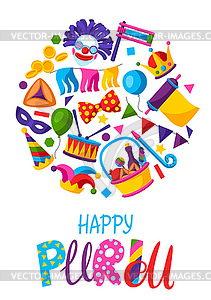 Happy Purim Jewish holiday greeting card. Backgroun - vector clipart