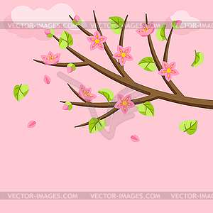 Spring tree branch with flowers and leaves. Seasona - vector clip art