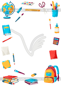 School frame with education items. supplies and - vector image