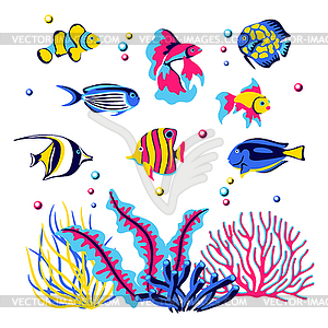 Background with tropical fishes. Marine life - vector clip art