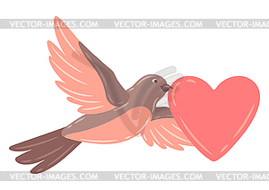 Cute flying bird and holding heart. birdie in simpl - vector image