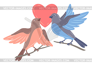 Cute birds with heart and sitting on branch. birdie - vector image