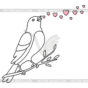 Cute bird singing and sitting on branch. birdie in - vector clipart