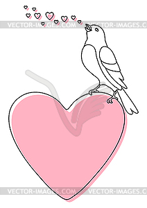 Cute bird singing and sitting on heart. birdie in - vector image