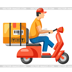 Courier riding red scooter. Delivery of goods by - vector clipart