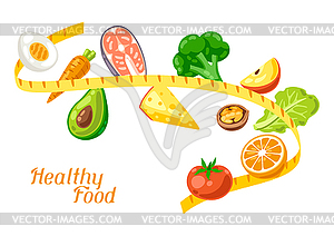 Measure tape with food. Healthy eating and diet - stock vector clipart