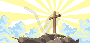 Christian wooden cross and clouds. Happy Easter - vector image
