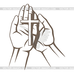 Christian hands holding cross. Happy Easter image - vector clip art