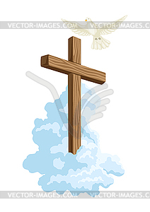 Christian wooden cross and pigeon. Happy Easter - vector image