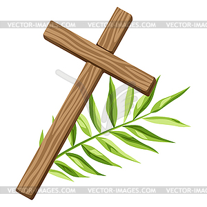 Christian wooden cross and palm branch. Happy Easte - vector image
