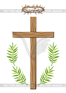 Christian wooden cross and crown of thorns. Happy - vector clipart