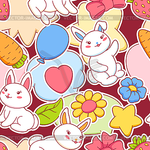 Seamless pattern with cute kawaii little bunnies. - vector image