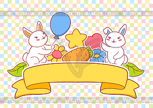 Background with cute kawaii little bunnies. Funny - vector clip art