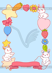 Frame with cute kawaii little bunnies. Funny - vector image