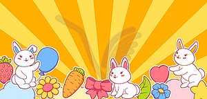 Background with cute kawaii little bunnies. Funny - vector clipart