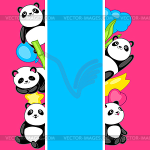 Background with cute kawaii little pandas. Funny - vector clipart