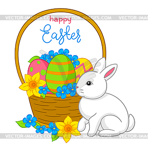 Happy Easter . Cute bunny, eggs and flowers for - vector image