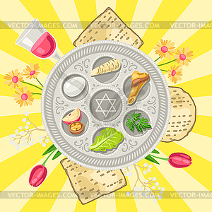 Happy Pesach Jewish Passover plate greeting card. - vector clip art