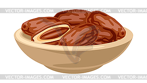 Dates fruits in plate. Tropical vegetarian food - vector clip art