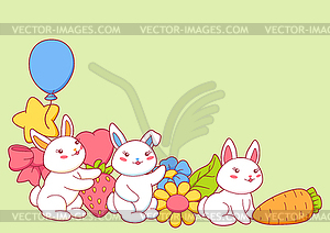 Background with cute kawaii little bunnies. Funny - vector image