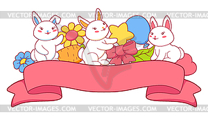 Background with cute kawaii little bunnies. Funny - vector image