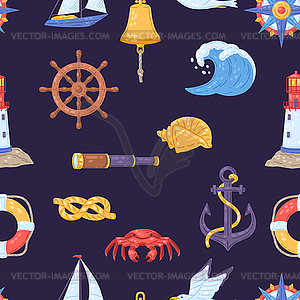 Seamless pattern with symbols and items. Marine cut - vector clipart