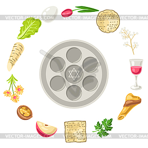 Happy Pesach Jewish Passover plate decorative frame - vector image