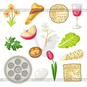 Set of Happy Pesach Jewish Passover plate objects. - vector clip art