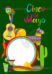 Cinco de Mayo greeting card. Mexican holiday items - vector image