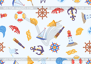Seamless pattern with symbols and items. Marine cut - color vector clipart