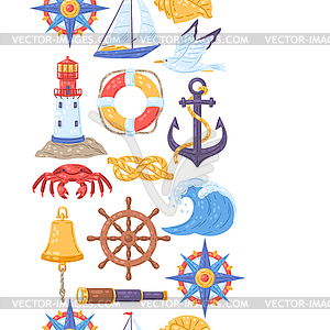 Seamless pattern with symbols and items. Marine cut - vector clip art