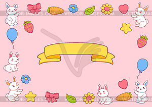 Background with cute kawaii little bunnies. Funny - royalty-free vector image