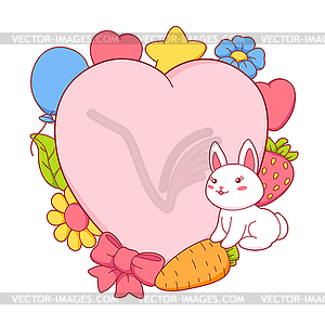 Background with cute kawaii little bunnies. Funny - vector clip art